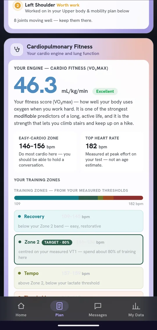 Cardiopulmonary fitness with training zones from measured thresholds